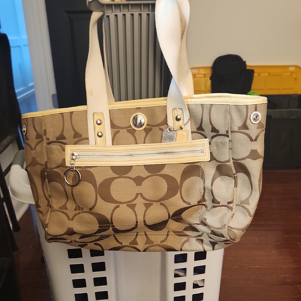 Coach Signature Brown and Cream Tote with Gold Hardware